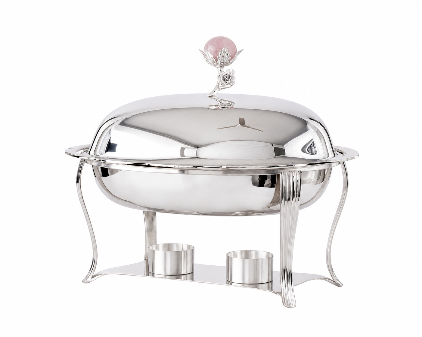 Elegant silver plated Rose Bud Chafing Dish with removable glass bowl and decorative rose bud lid by Silverstein.