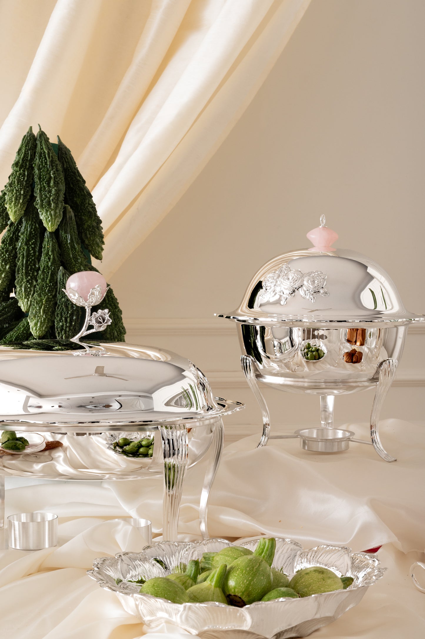 Elegant silver plated Rose Chafing Dish by Silverstein with removable glass bowl for luxury food presentation.