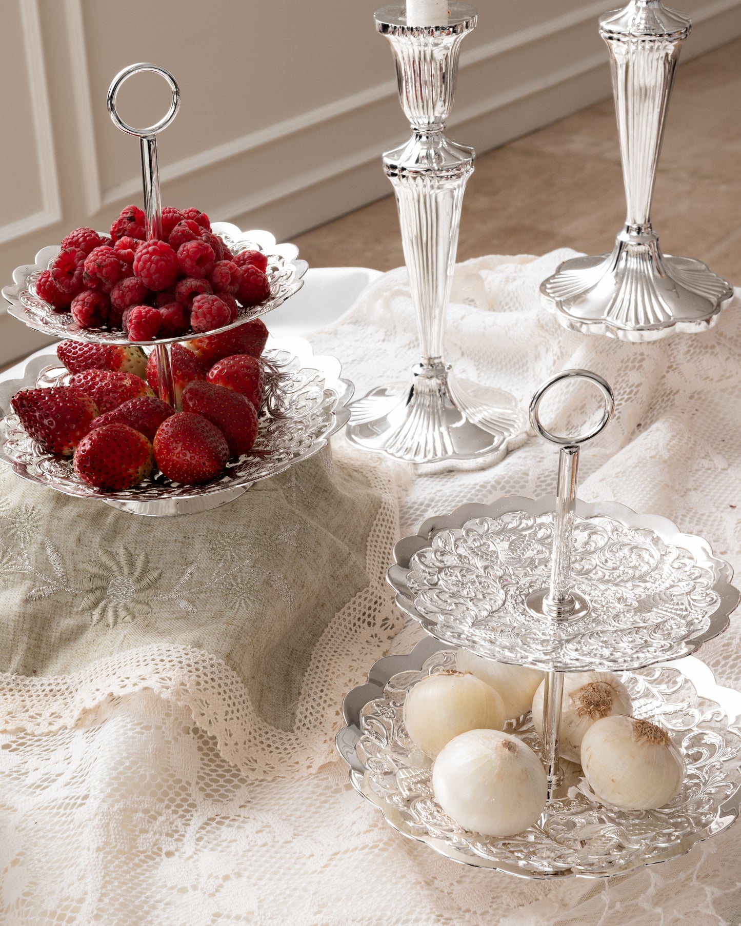 Luxury silver plated Lace Two Tier Stand with elegant handcrafted lace-inspired design by Silverstein.