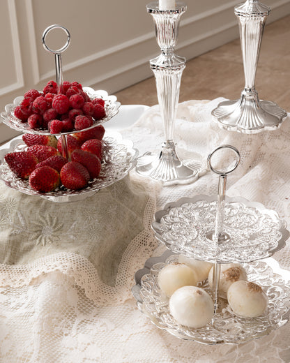 Luxury silver plated Lace Two Tier Stand with elegant handcrafted lace-inspired design by Silverstein.