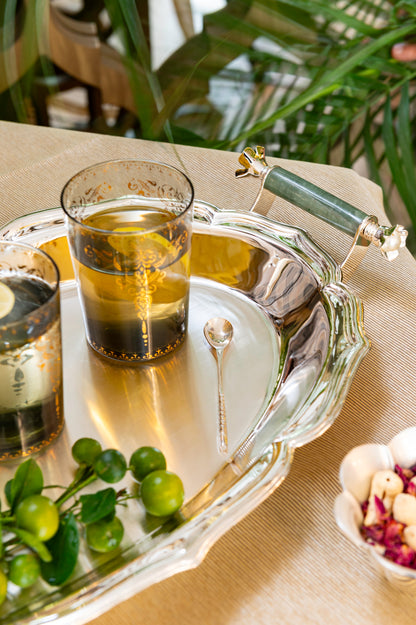 Luxury silver plated Rectangular Jade Handle Serving Tray by Silverstein.