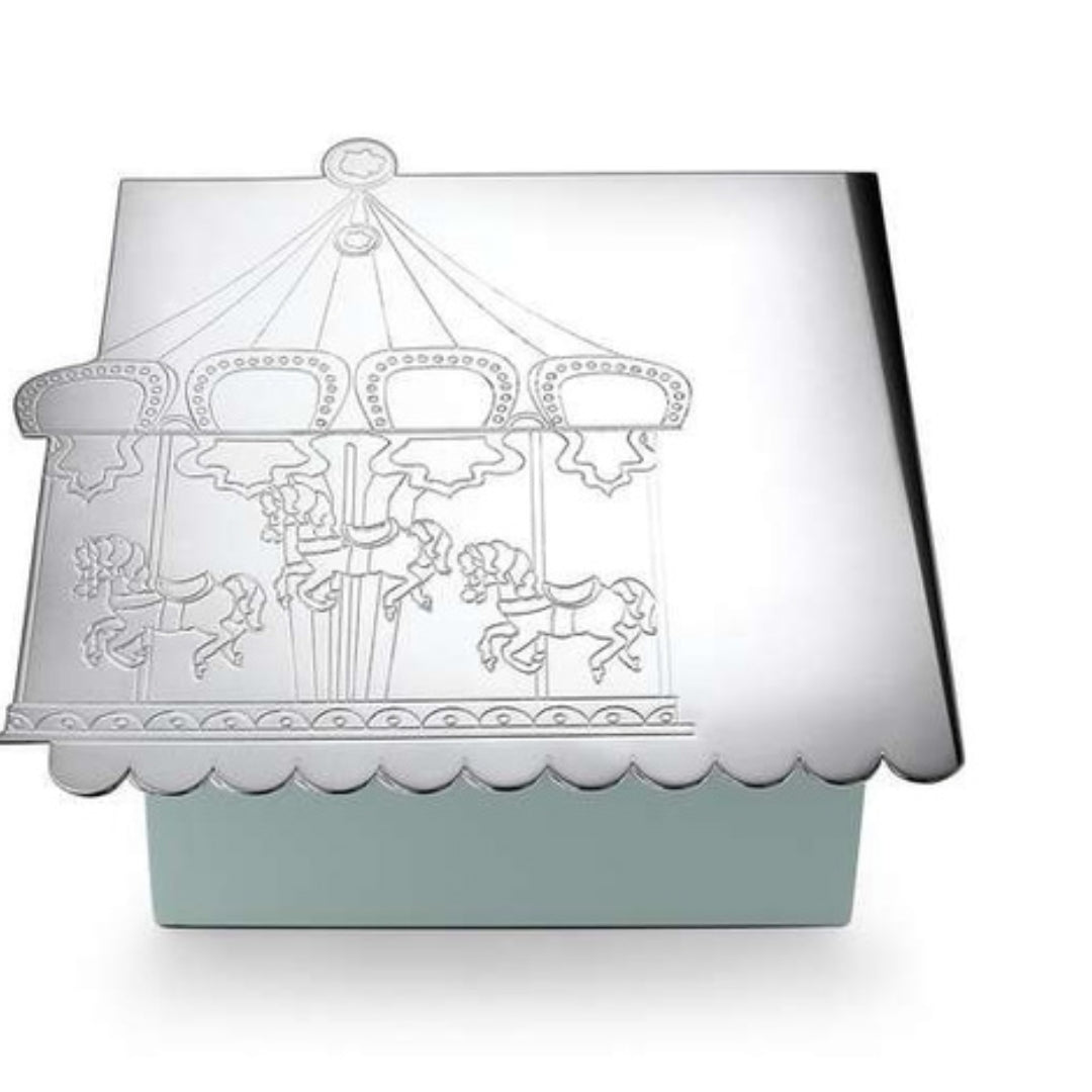 Luxury silver plated Carousel Gift Box with handcrafted carousel motif and customizable colored base by Silverstein.
