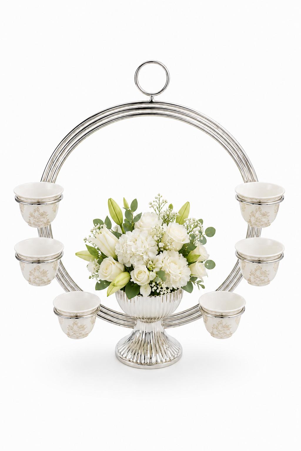 Luxury silver plated Tea & Bloom Centerpiece with 6 Arabic coffee cup holders and floral vase by Silverstein.
