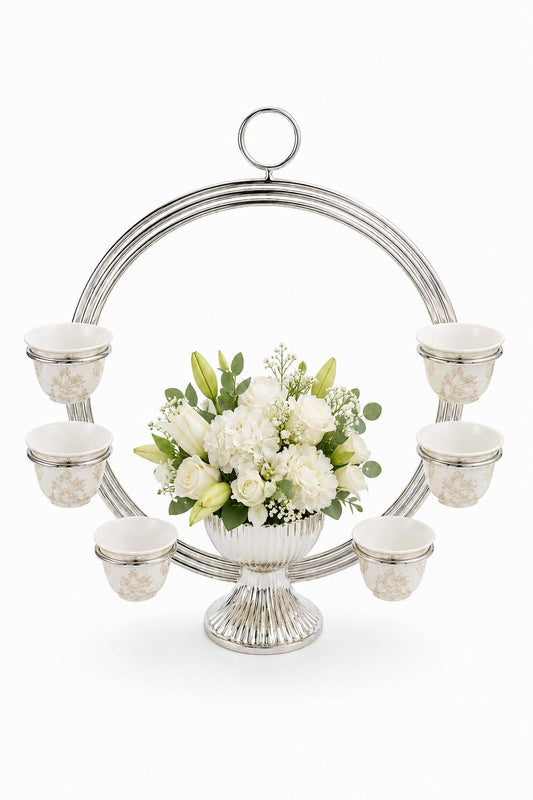 Luxury silver plated Tea & Bloom Centerpiece with 6 Arabic coffee cup holders and floral vase by Silverstein.