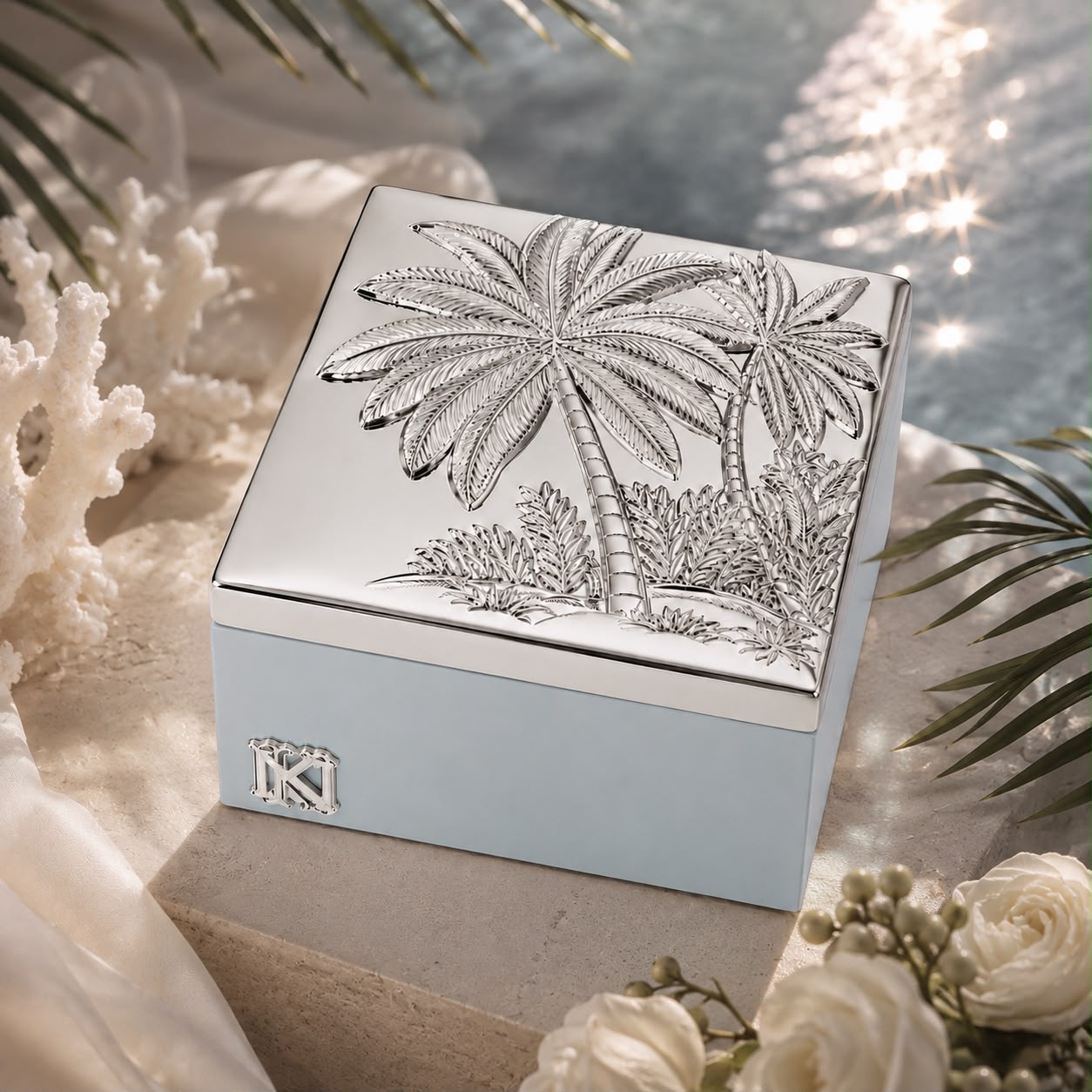 Palm tree embossed silver-plated keepsake box