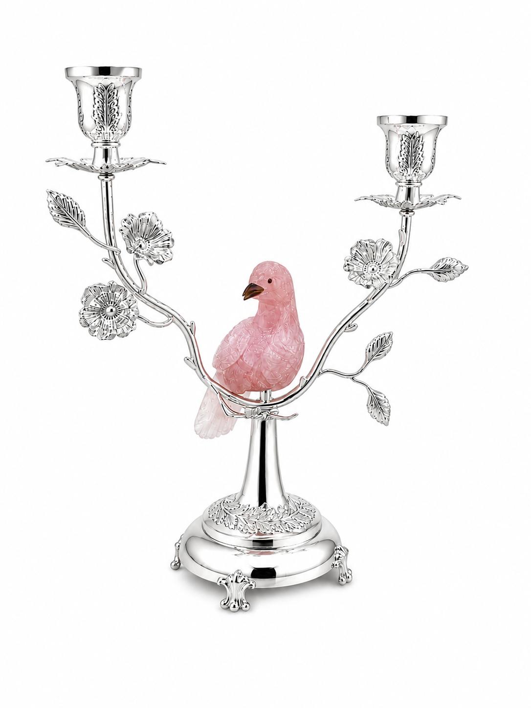 Silverstein Songbird Candle Holder with rose quartz bird, handcrafted silver floral design, and two taper candle holders.