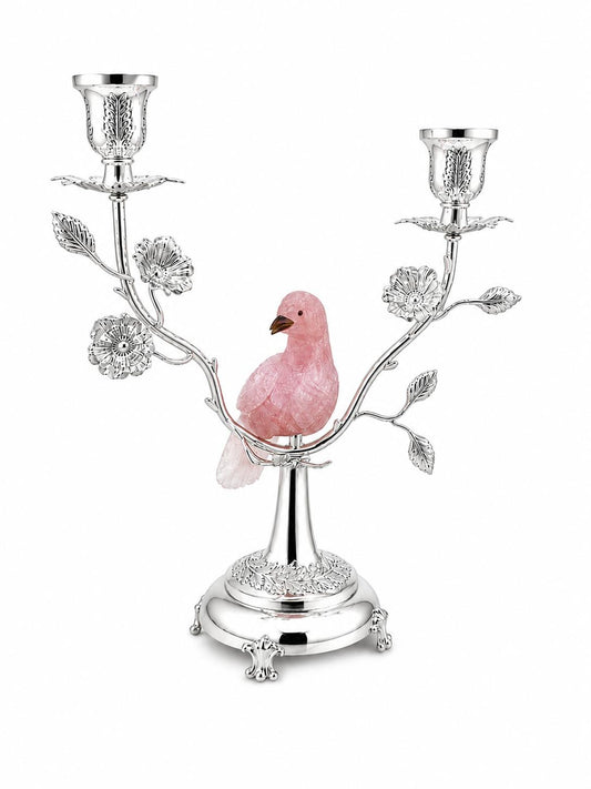 Silverstein Songbird Candle Holder with rose quartz bird, handcrafted silver floral design, and two taper candle holders.